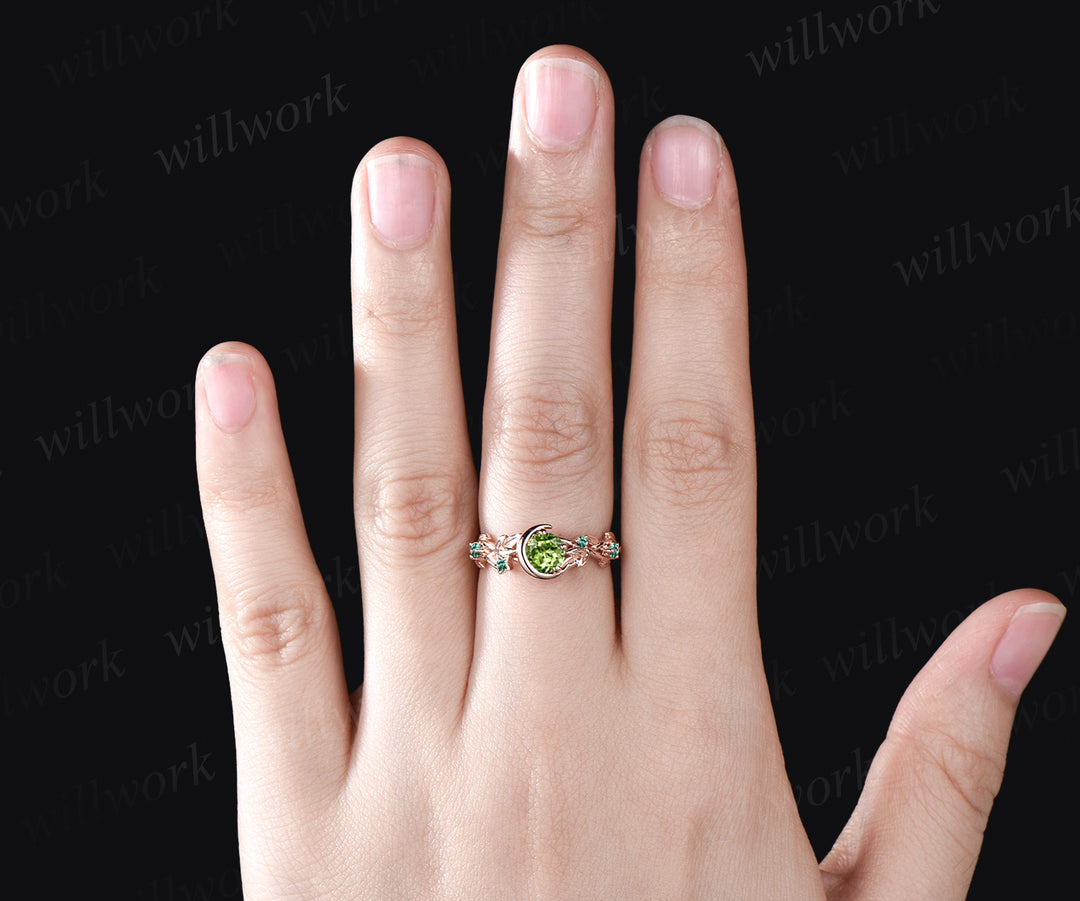 August Birthstone Round Cut Natural Peridot Engagement Ring Unique Emerald Floral Leaf Vine Twig Branch Nature Inspired Wedding Ring Moon Bridal Ring Star Jewelry