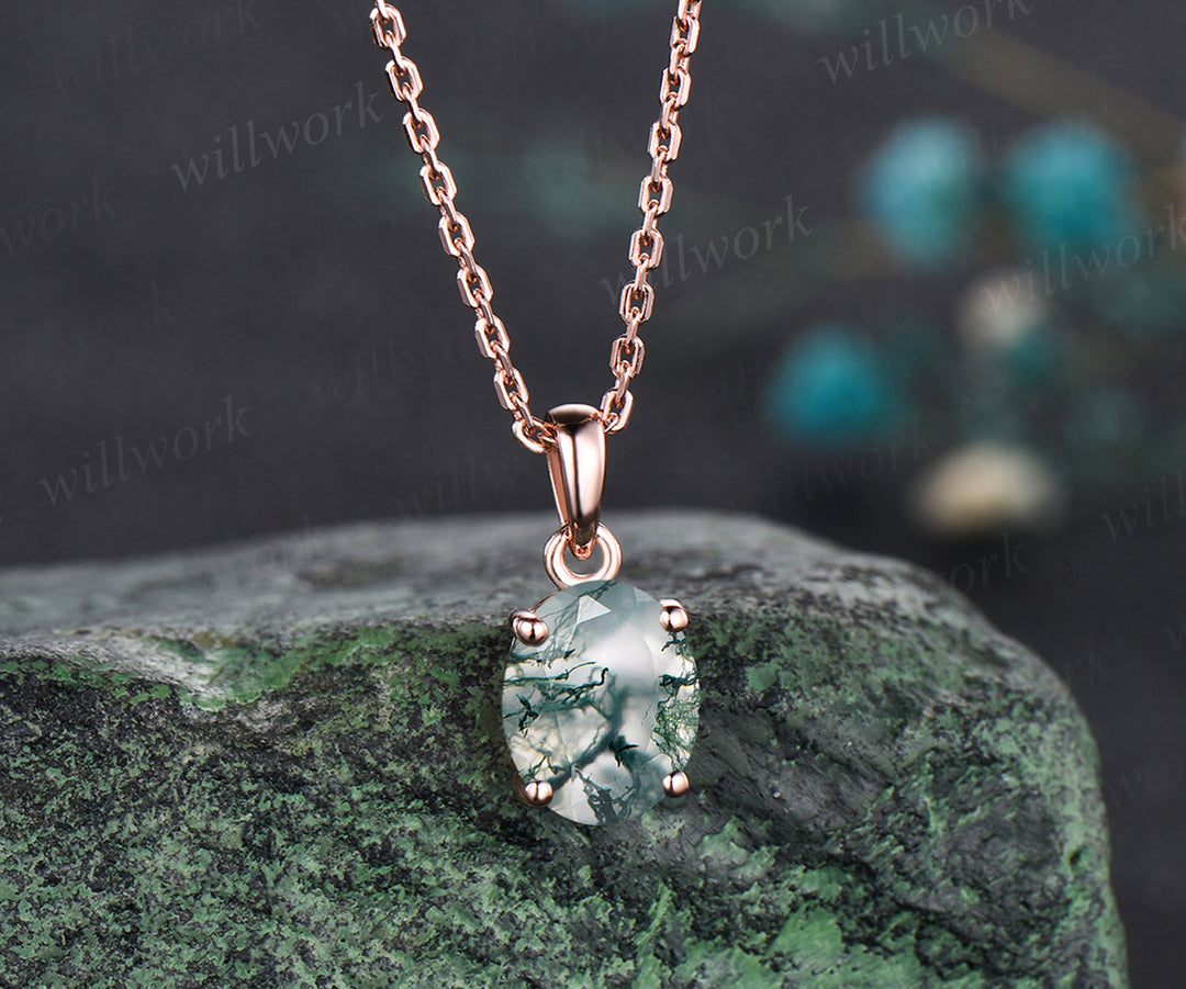 READY TO SHIP: Oval Moss Agate Necklace - Silver Rose Plated