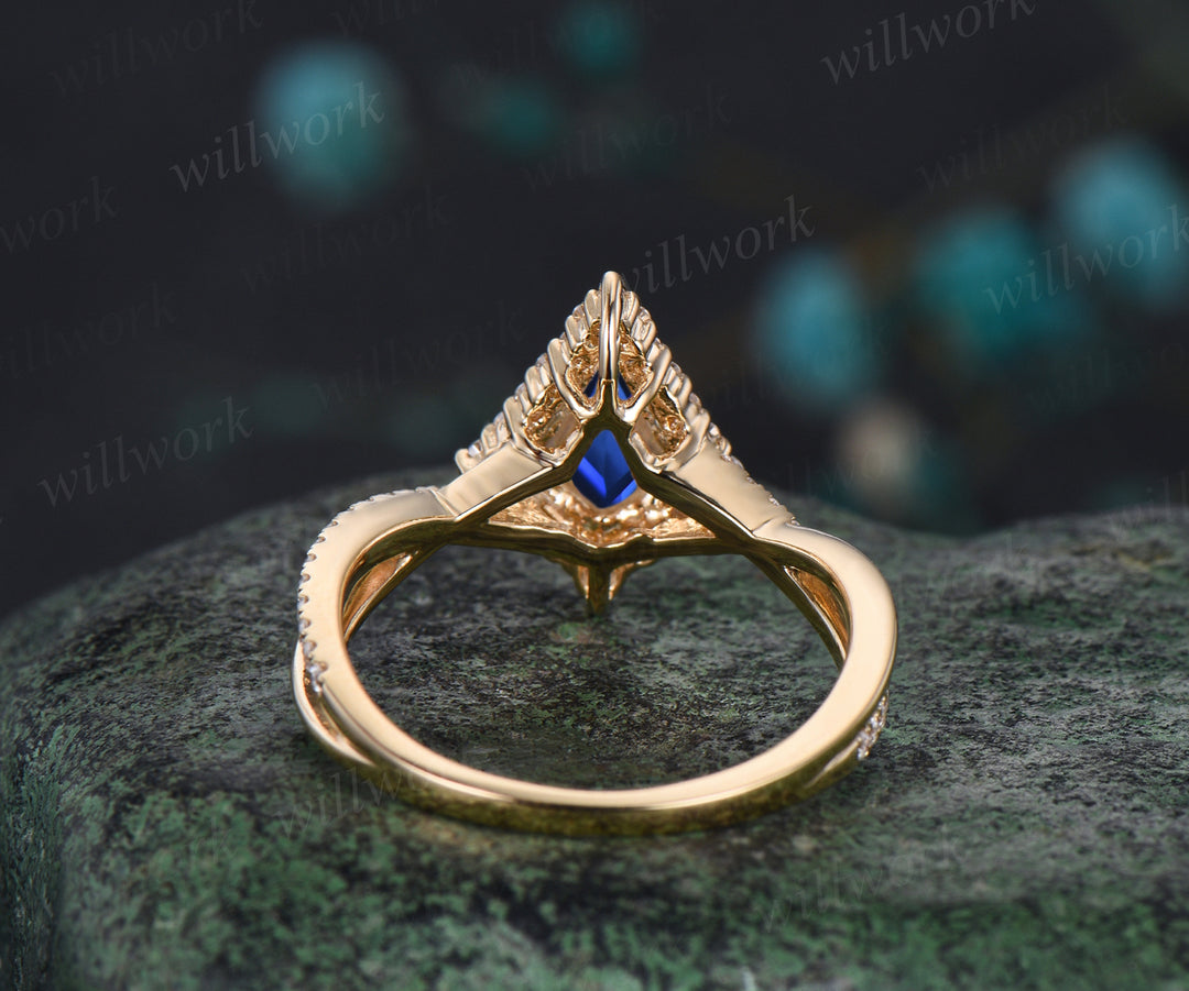 Unique Kite Cut September Birthstone Blue Sapphire Engagement Ring Art Deco Moissanite Halo Twisted Split Shank Ring Vintage 14k Yellow Gold Bridal Ring