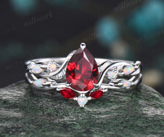Teardrop Ruby Engagement Ring Set Unique Leaf Floral Vine Twig Branch Five Stone Opal Wedding Ring 14k White Gold July Birthstone Pear Ruby Nature Inspired 2pcs Bridal Ring Set