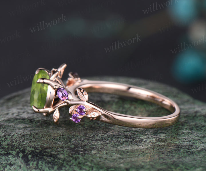 Unique Round Cut August Birthstone Natural Peridot Engagement Ring Art Deco Amethyst Leaf Vine Twig Branch Nature Inspired Ring 14k Rose Gold Bridal Ring For Women