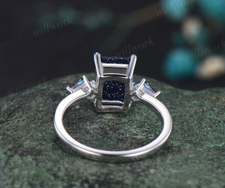 Galaxy Emerald Cut Blue Sandstone Engagement Ring Kite Alexandrite Three Stone Ring 14k White Gold Healing Jewelry Gift