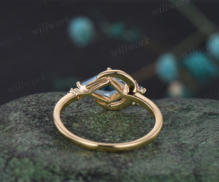 Moon kite cut aquamarine Engagement Ring solid 14k yellow gold March birthstone snowdrift cluster wedding promise ring women