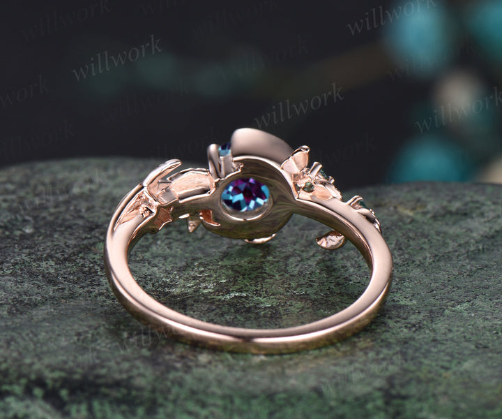 Unique Leaf Vine Twig Branch Nature Inspired Ring June Birthstone Round Cut Alexandrite Engagement Ring Emerald Art Deco Moon Star Bridal Ring