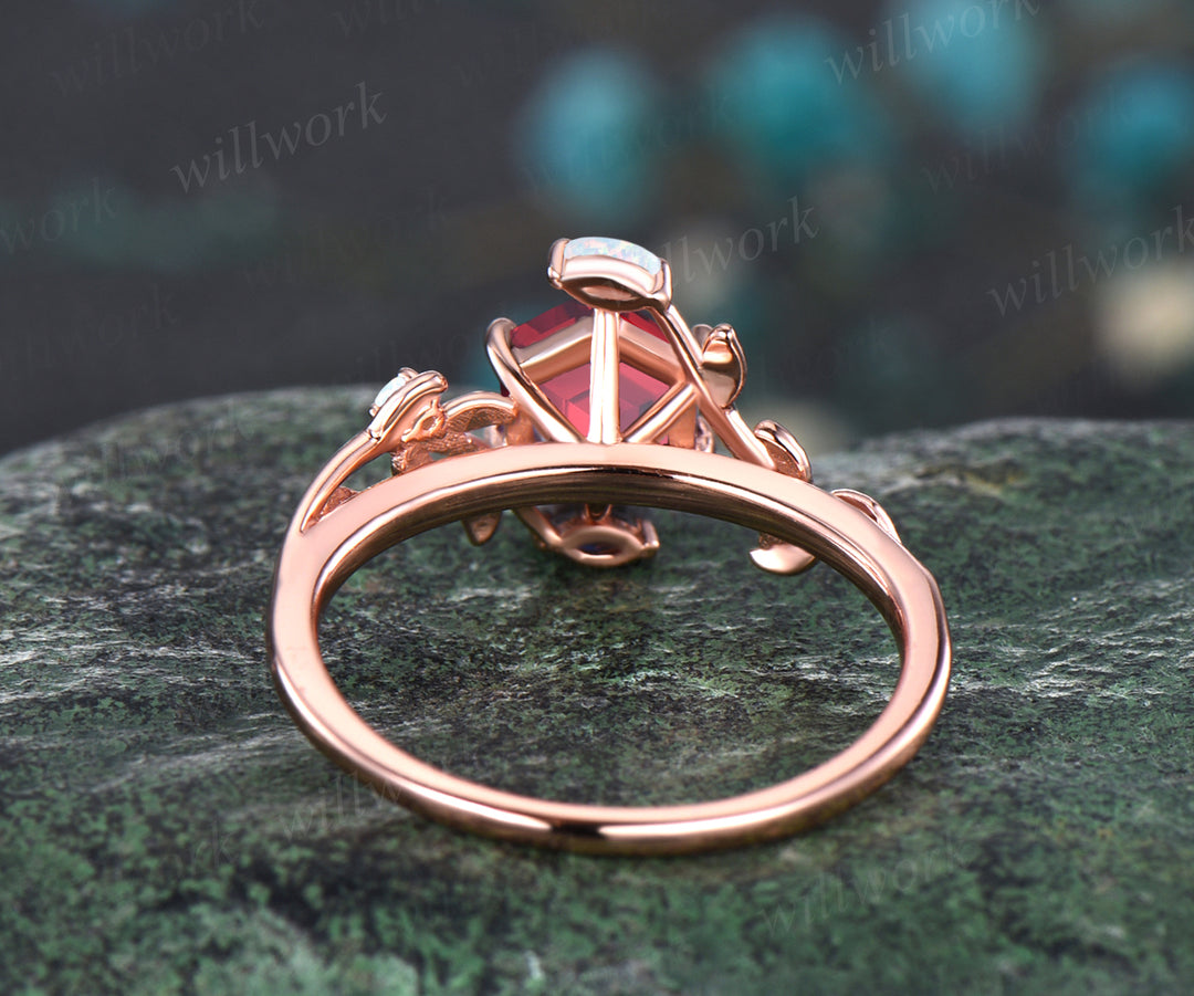 Unique Hexagon Cut July Birthstone Ruby Engagement Ring Leaf Vine Twig Branch Nature Inspired Wedding Ring Five Stone White Opal Floral Promise Ring