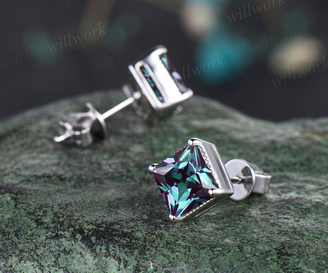 Vintage Princess Cut Alexandrite Earrings Milgrain June Birthstone
