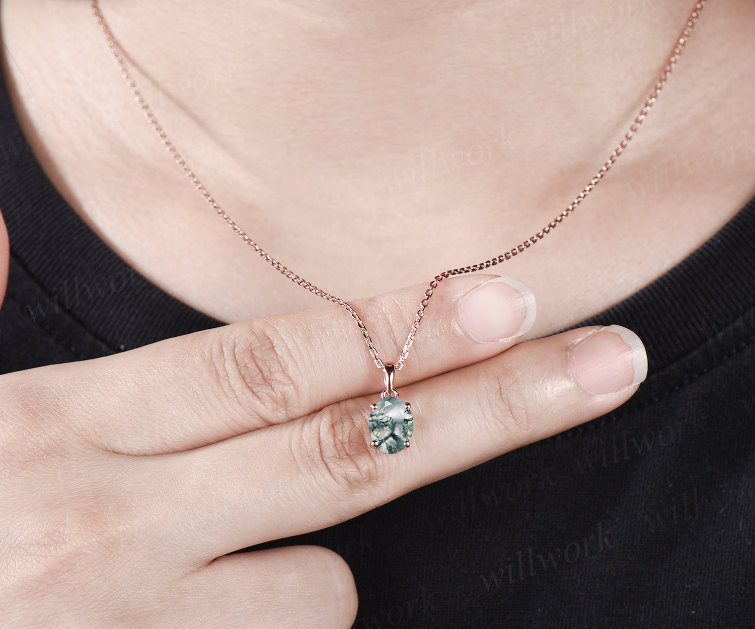 2ct 7x9mm Oval Cut Natural Green Moss Agate Necklace 14k Rose Gold