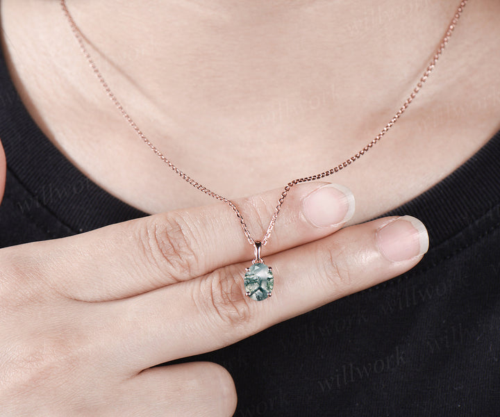 READY TO SHIP: Oval Moss Agate Necklace - Silver Rose Plated