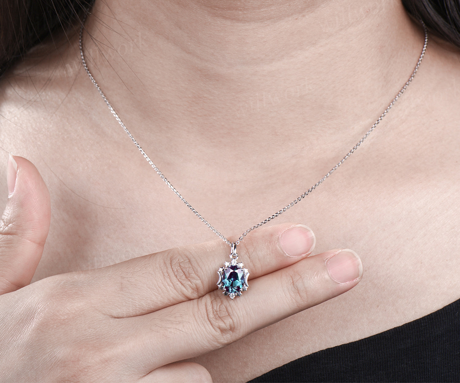 Moissanite Pendant Necklace For Women, Unique Silver Oval Necklace, Art Deco Bridal Necklace, high quality Anniversary Gifts For Girlfriend