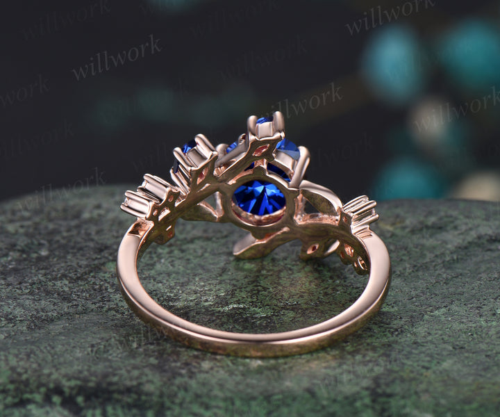 Unique Leaf Vine Twig Branch Nature Inspired Engagement Ring September Birthstone Blue Sapphire Wedding Ring 14k Rose Gold Moissanite Promise Ring