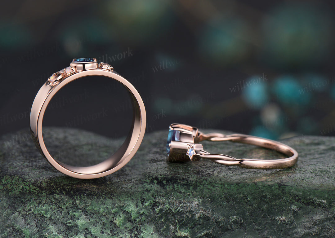 Round Cut Alexandrite Art Deco Moon Star Twisted Engagement Ring Moonstone Opal Accents & Matching Alexandrite Moon Star Men Wedding Ring Unique Couple Ring Set