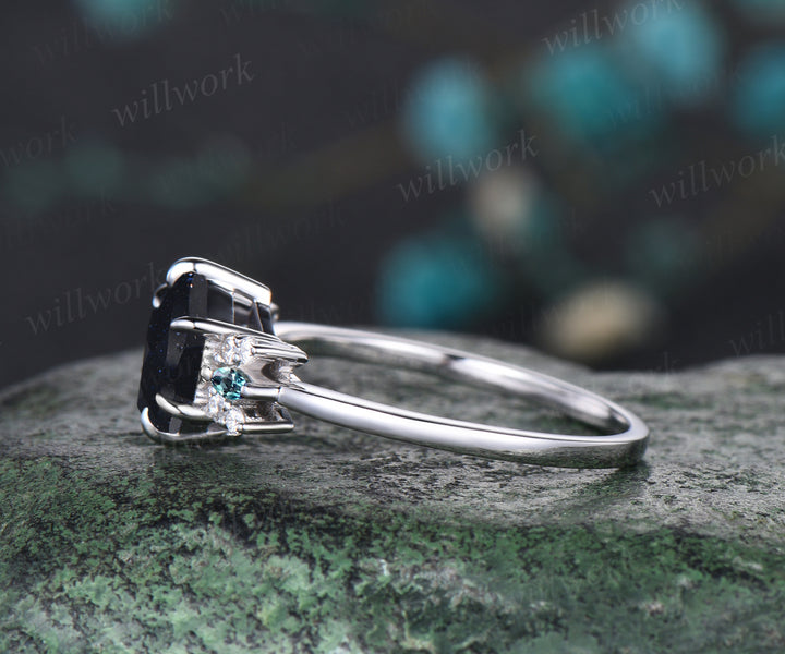 Unique Hexagon Cut Blue Sandstone Engagement Ring Moissanite Alexandrite Cluster Wedding Ring Art Deco White Gold Galaxy Healing Jewelry Ring