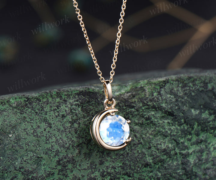 Minimalist June Birthstone Round Cut Blue Moonstone Necklace Delicate Moon Pendant 14k Yellow Gold Solitaire Necklace Birthday Gift