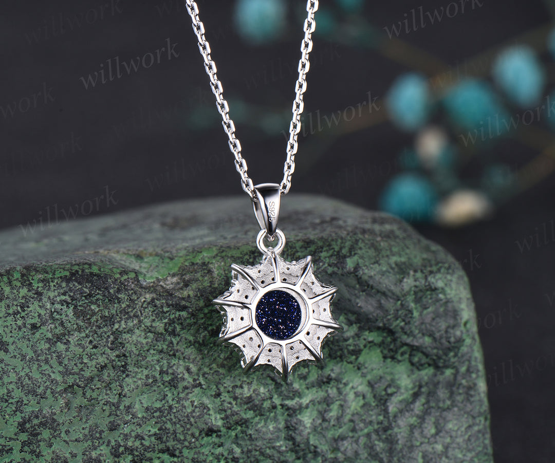 Unique Galaxy Blue Sandstone Necklace Minimalist Delicate Double Halo Moissanite Black Spinel Diamond Pendant 14k White Gold Healing Jewelry