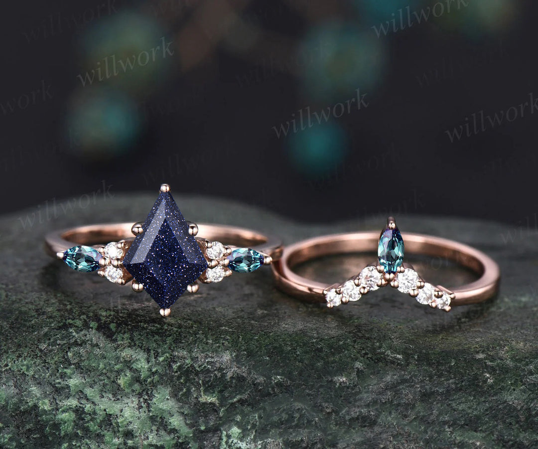 Galaxy Blue Sandstone Engagement Ring Set Unique Moissanite Diamond Alexandrite Wedding Ring 14k Rose Gold Seven Stone Ring Healing Jewelry