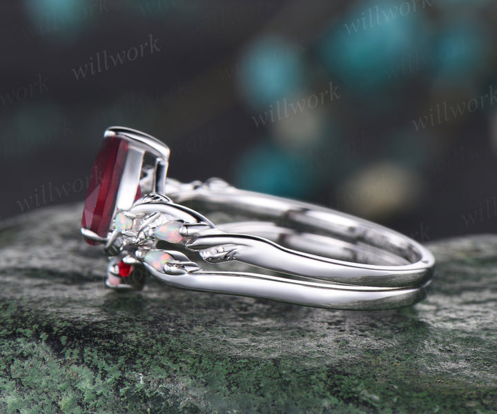 Teardrop Ruby Engagement Ring Set Unique Leaf Floral Vine Twig Branch Five Stone Opal Wedding Ring 14k White Gold July Birthstone Pear Ruby Nature Inspired 2pcs Bridal Ring Set