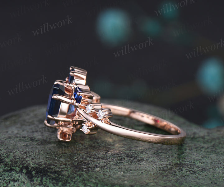 Unique Leaf Vine Twig Branch Nature Inspired Engagement Ring September Birthstone Blue Sapphire Wedding Ring 14k Rose Gold Moissanite Promise Ring