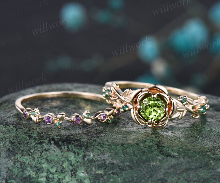 Unique Round Natural Peridot Rose Flower Engagement Ring Set Amethyst Emerald Leaf Floral Vine Twig Branch Nature Inspired Ring August Birthstone Yellow Gold 2pcs Bridal Ring Set