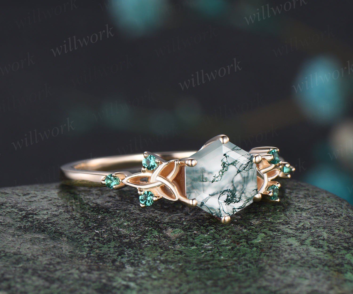 Unique Hexagon Cut Natural Moss Agate Engagement Ring Celtic Knot