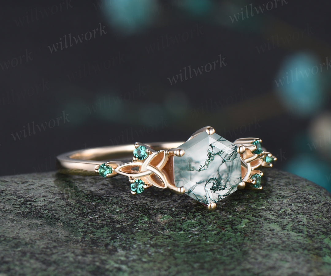 Unique Hexagon Cut Natural Moss Agate Engagement Ring Celtic Knot Wedding Ring Emerald Seven Stone Bridal Ring Gift For Women