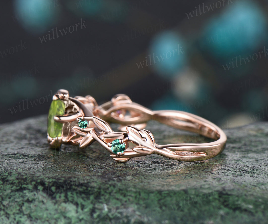 August Birthstone Round Cut Natural Peridot Engagement Ring Unique Emerald Floral Leaf Vine Twig Branch Nature Inspired Wedding Ring Moon Bridal Ring Star Jewelry
