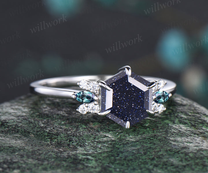 Unique Hexagon Cut Blue Sandstone Engagement Ring Moissanite Alexandrite Cluster Wedding Ring Art Deco White Gold Galaxy Healing Jewelry Ring
