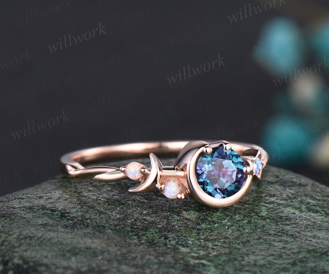 Round Cut Alexandrite Art Deco Moon Star Twisted Engagement Ring Moonstone Opal Accents & Matching Alexandrite Moon Star Men Wedding Ring Unique Couple Ring Set