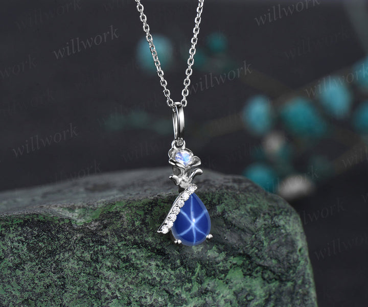 READY TO SHIP: Pear-cut Blue Star Sapphire Necklace - Sterling Silver