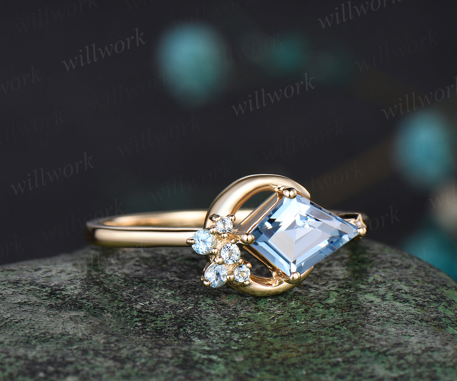 Aquamarine Dainty Ring, Rose Gold Engagement Ring, March Birthstone Ring, Art Deco Moissanite Ring, Unique Women Bridal store Promise Ring