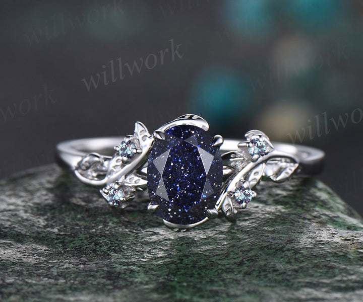 Leaf Vine Twig Branch Nature Inspired Engagement Ring Set Unique Galaxy Oval Cut Blue Sandstone Wedding Ring 14k White Gold Alexandrite Healing Ring 2pcs Bridal Ring Set