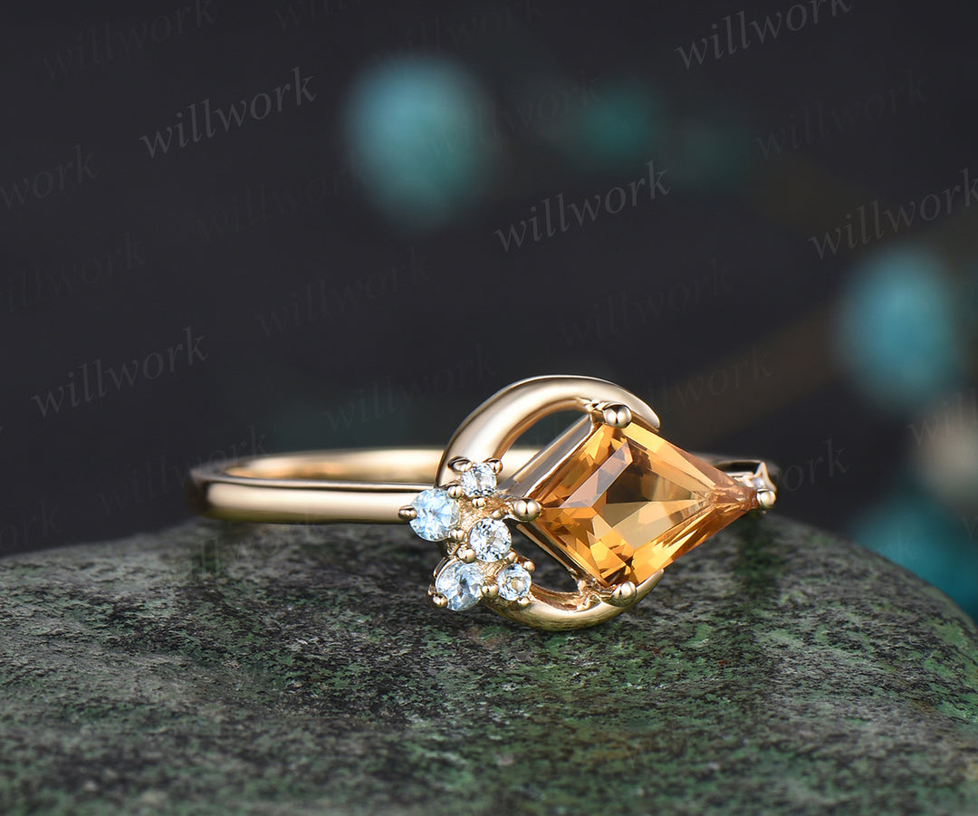 Delicate Kite Cut November Birthstone Natural Citrine Engagement Ring Blue Topaz Cluster Star Moon Wedding Ring Seven Stone Bridal Jewelry Gift