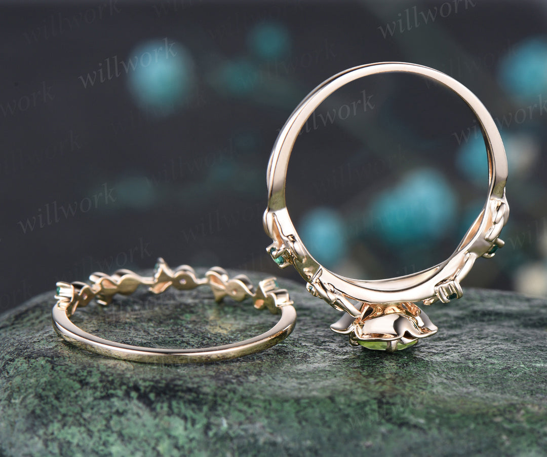 Unique Round Natural Peridot Rose Flower Engagement Ring Set Amethyst Emerald Leaf Floral Vine Twig Branch Nature Inspired Ring August Birthstone Yellow Gold 2pcs Bridal Ring Set