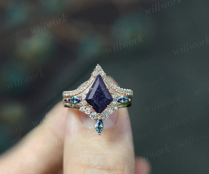 Galaxy Blue Sandstone Engagement Ring Set Unique Moissanite Diamond Alexandrite Wedding Ring 14k Rose Gold Seven Stone Ring Healing Jewelry