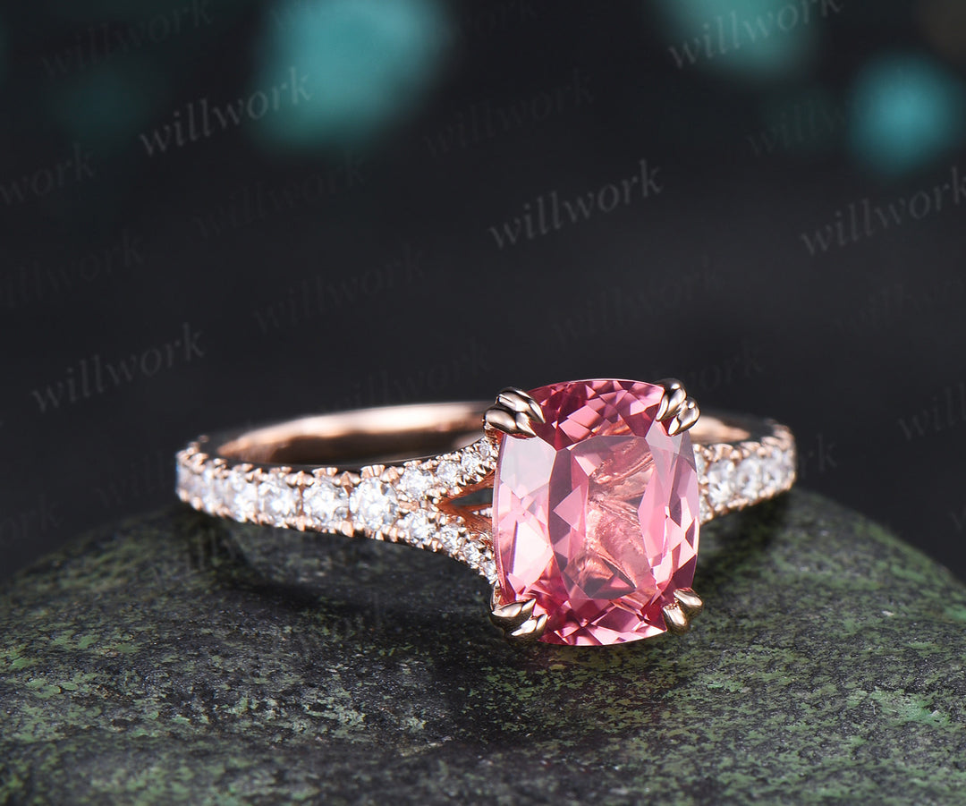 Cushion Cut Padparadscha Engagement Ring Split Shank Moissanite Half Eternity Ring Unique Pink Sapphire Wedding Ring