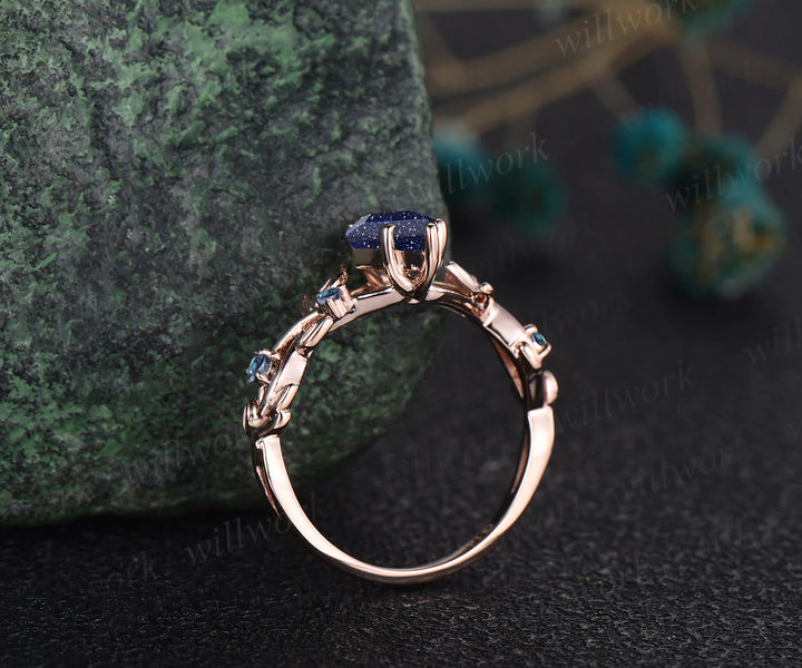 Galaxy Kite Cut Blue Sandstone Engagement Ring Unique June Birthstone Alexandrite Five Stone Wedding Ring Vine Twig Branch Leaf Nature Inspired Bridal Ring