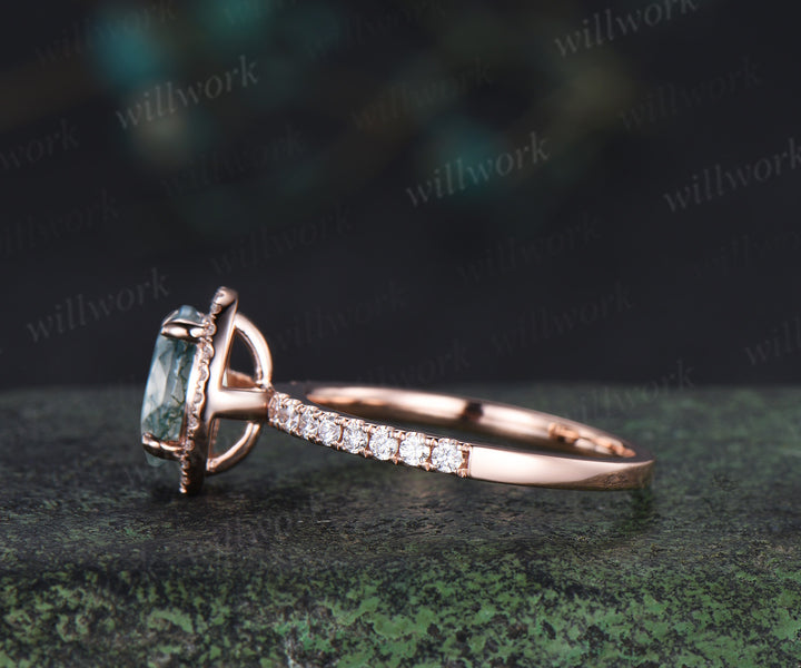 Vintage oval cut moss agate diamond halo engagement ring half eternity bridal ring anniversary gifts