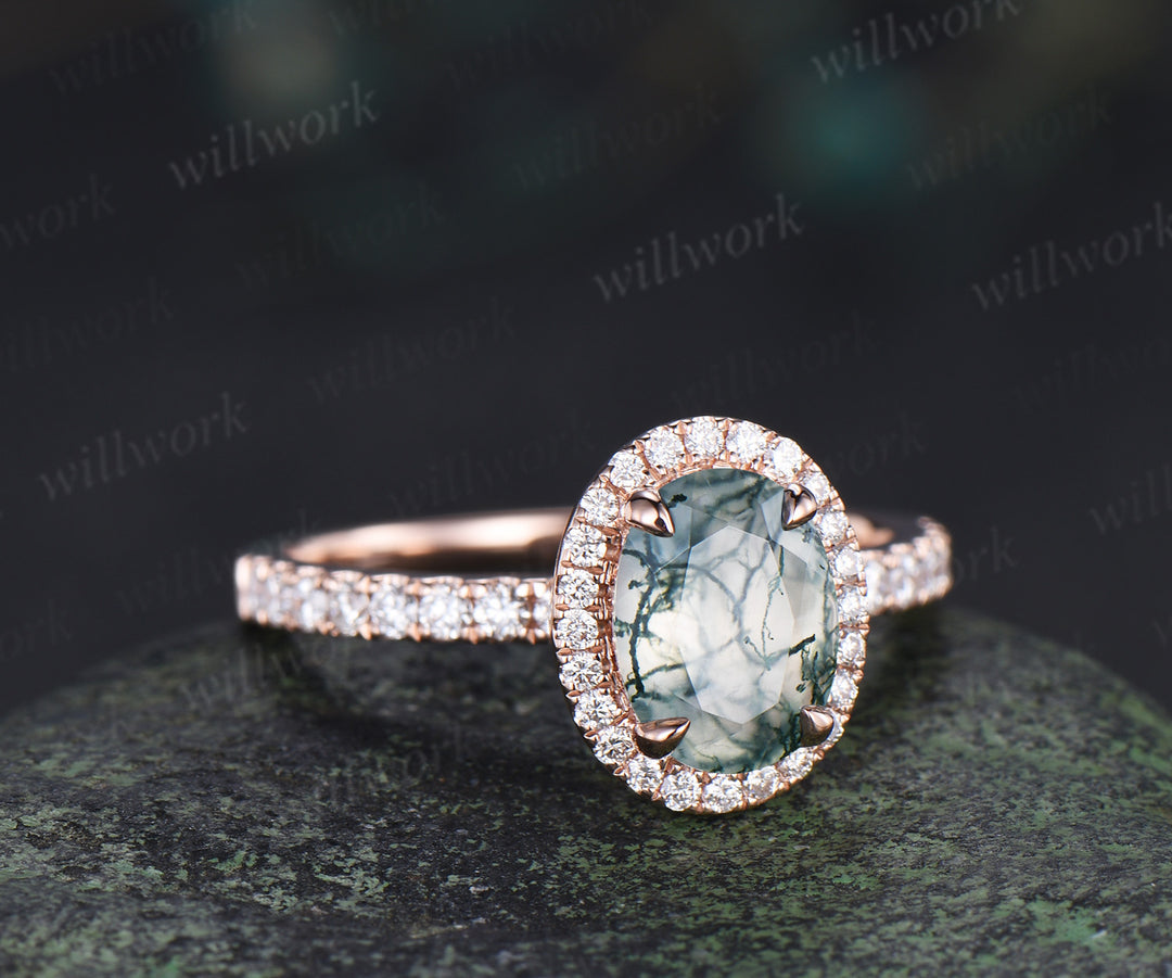 Vintage oval cut moss agate diamond halo engagement ring half eternity bridal ring anniversary gifts