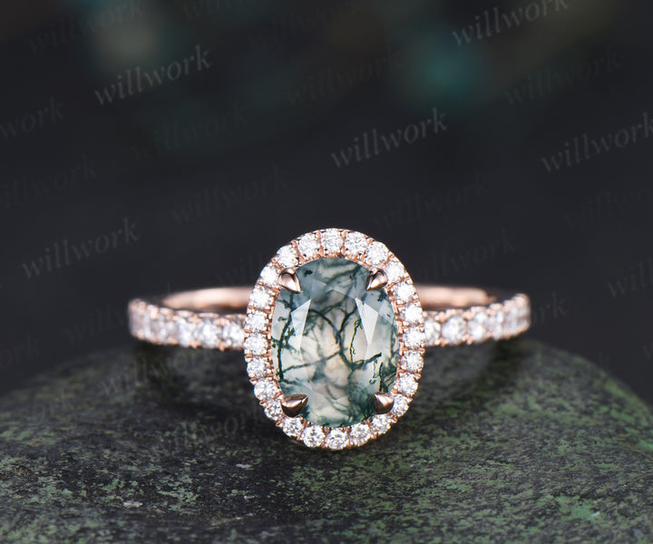 Vintage oval cut moss agate diamond halo engagement ring half eternity bridal ring anniversary gifts