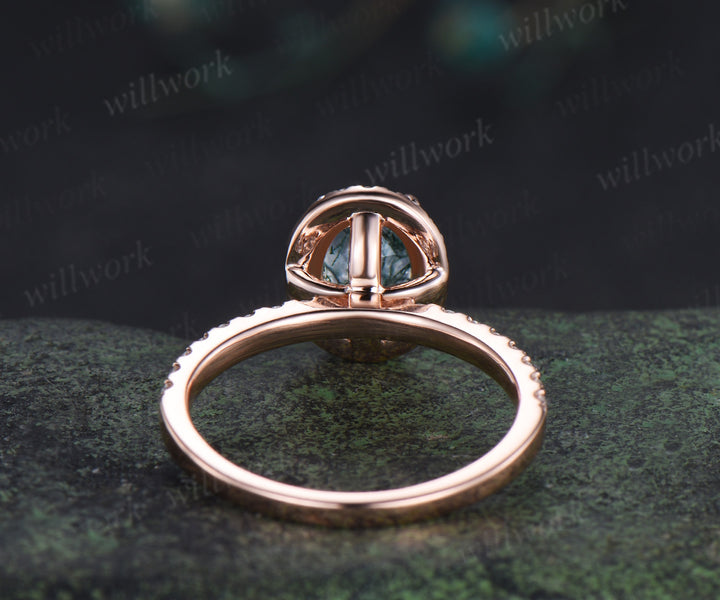 Vintage oval cut moss agate diamond halo engagement ring half eternity bridal ring anniversary gifts