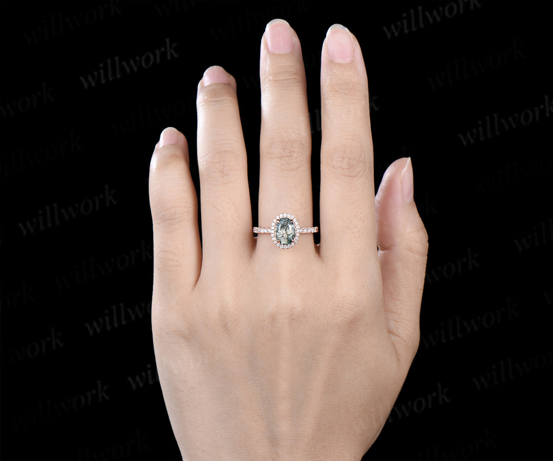 Vintage oval cut moss agate diamond halo engagement ring half eternity bridal ring anniversary gifts