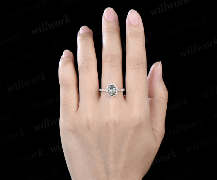 Vintage oval cut moss agate diamond halo engagement ring half eternity bridal ring anniversary gifts