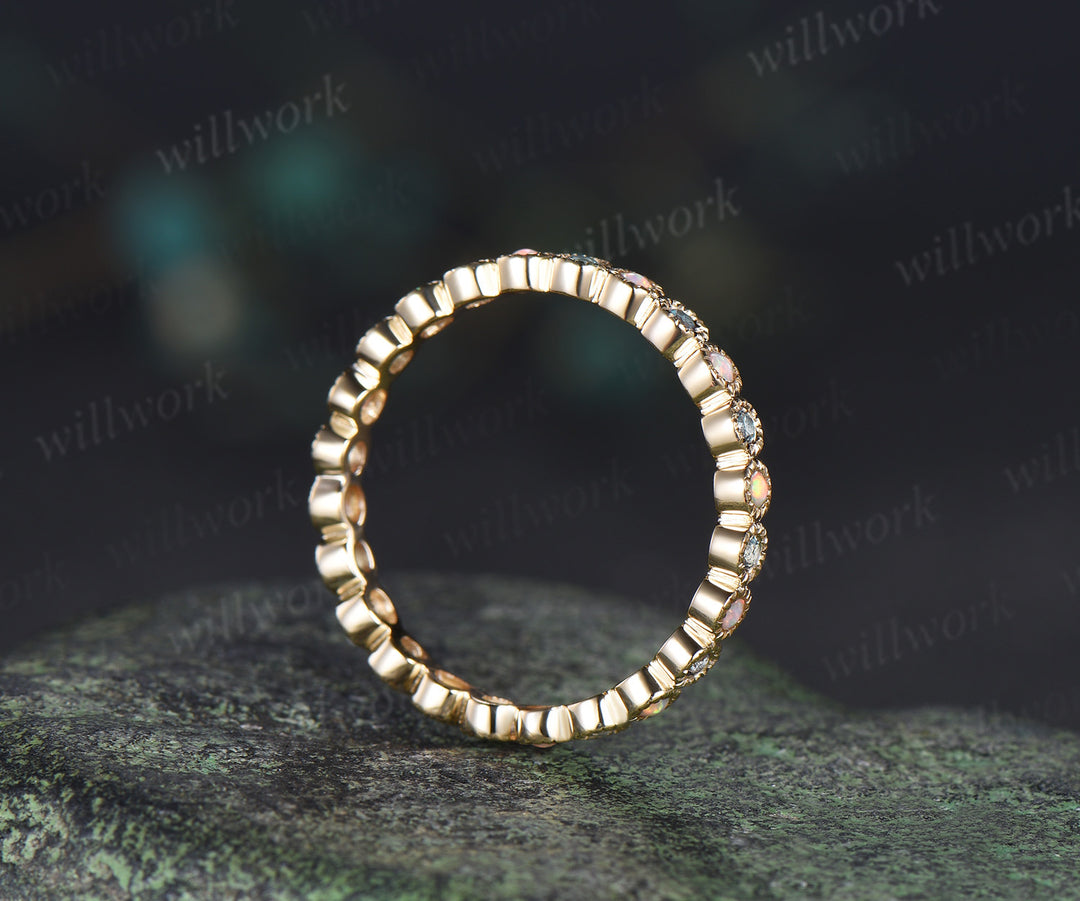 Dainty alexandrite opal full eternity band milgrain bezel color change stone stacking wedding ring