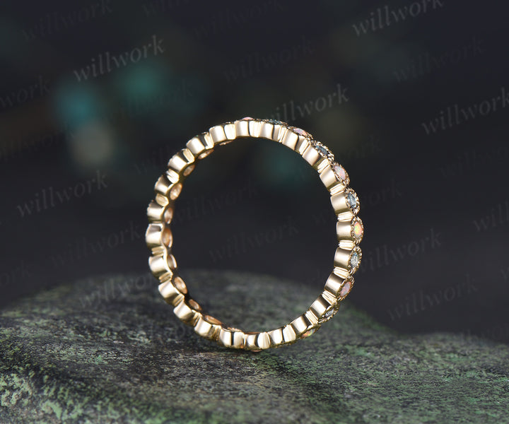 Dainty alexandrite opal full eternity band milgrain bezel color change stone stacking wedding ring