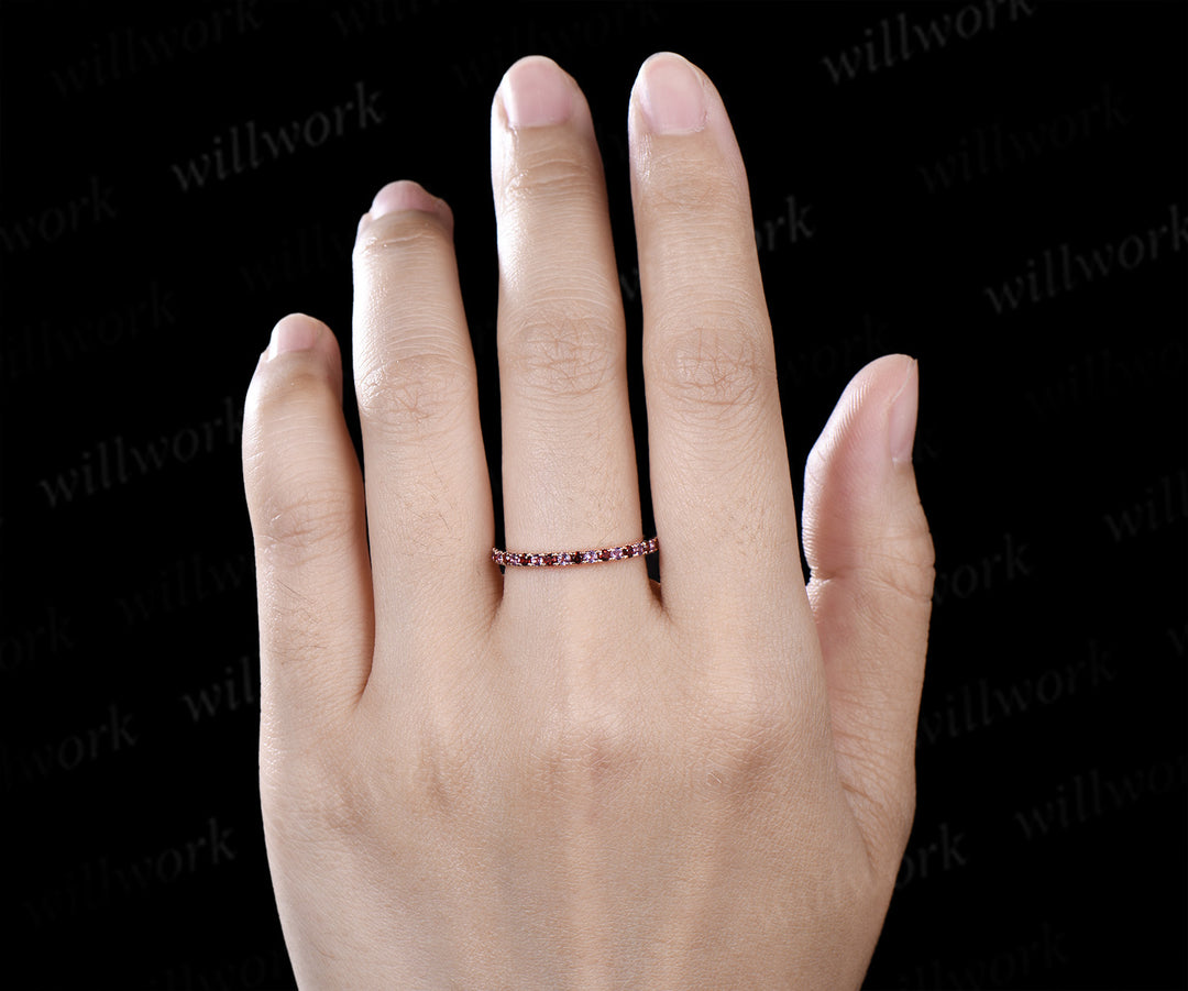 Natural Garnet Amethyst Wedding Band Round Cut Half Eternity Stacking Ring Minimalist Ring for Women