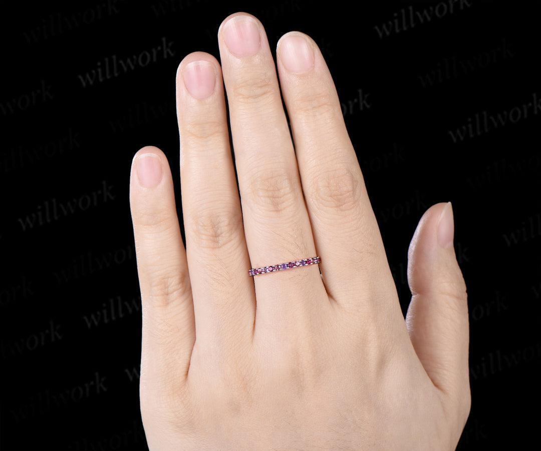 Minimalist Round Ruby Amethyst Pink Tourmaline Wedding Band Half Eternity Band Stacking Ring