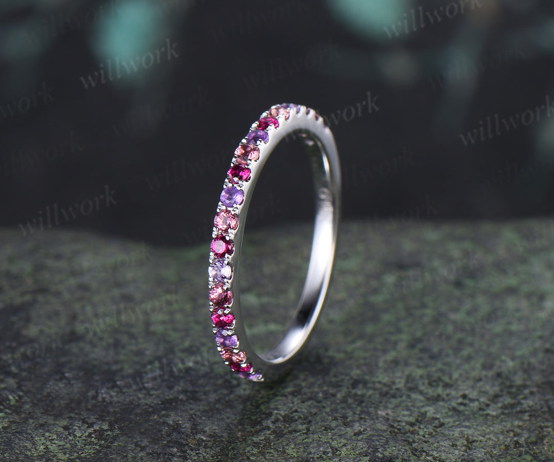 Minimalist Round Ruby Amethyst Pink Tourmaline Wedding Band Half Eternity Band Stacking Ring