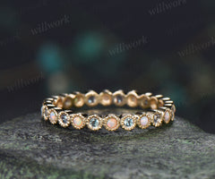 Dainty alexandrite opal full eternity band milgrain bezel color change stone stacking wedding ring