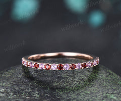 Natural Garnet Amethyst Wedding Band Round Cut Half Eternity Stacking Ring Minimalist Ring for Women