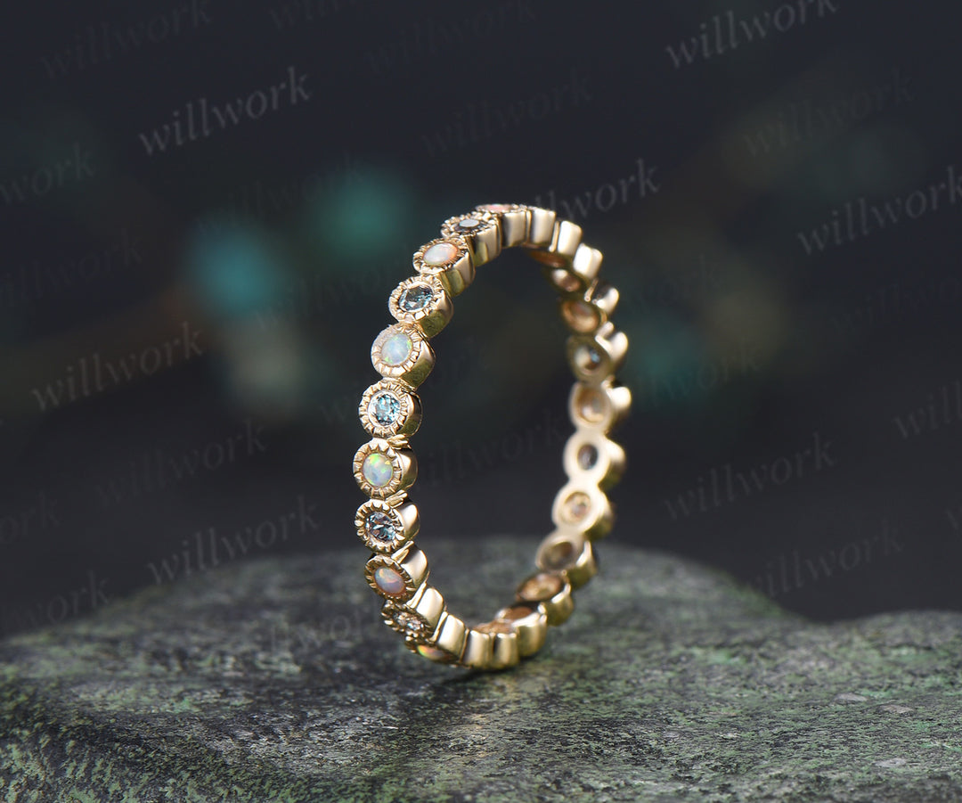 Dainty alexandrite opal full eternity band milgrain bezel color change stone stacking wedding ring