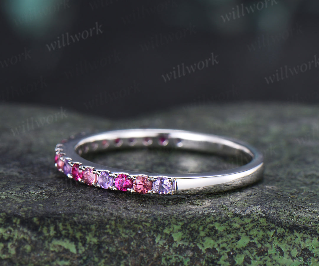 Minimalist Round Ruby Amethyst Pink Tourmaline Wedding Band Half Eternity Band Stacking Ring
